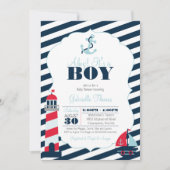 Ahoy Nautical Navy Blue Stripe Boy Baby Dusche Einladung (Vorderseite)