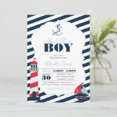 Ahoy Nautical Navy Blue Stripe Boy Baby Dusche Einladung (Stehend Vorderseite)