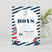 Ahoy Nautical Navy Blue Twin Boy Baby Dusche Einladung (Stehend Vorderseite)