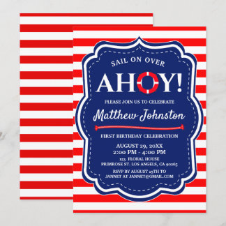 Ahoy Nautical Ocean Navy Blue Coastal Junge Geburt Einladung