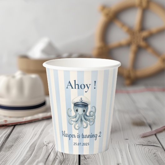 Ahoy Nautical Octopus Geburtstag | Blaue Streifen Pappbecher