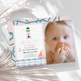 Ahoy Nautical Pink Girl Foto 1. Geburtstag Einladung