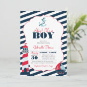 Ahoy Nautical Red Navy Stripe Boy Baby Dusche Einladung (Stehend Vorderseite)