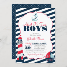 Ahoy Nautical Red Navy Stripe Twin Boy Baby Dusche