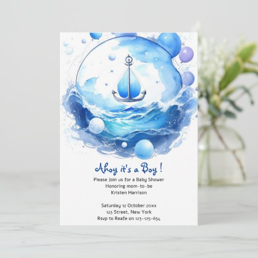 Ahoy Nautical Shower Boy Baby Shower Einladung (Stehend Vorderseite)