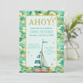 Ahoy Nautical Turquoise und Gold Boat Geburtstag Einladung (Stehend Vorderseite)