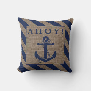 Ahoy! Nautische Anker Navy Blue & Burlap Streifen Kissen