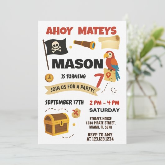 Ahoy! Pirate Birthday Einladung für Kinder (Stehend Vorderseite)