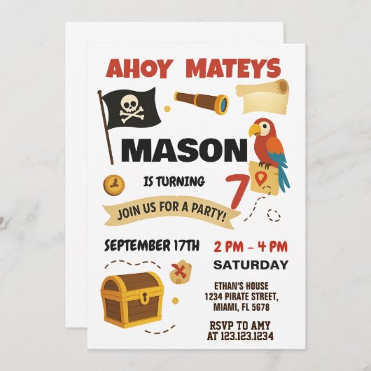 Ahoy! Pirate Birthday Einladung für Kinder (Vorne/Hinten)