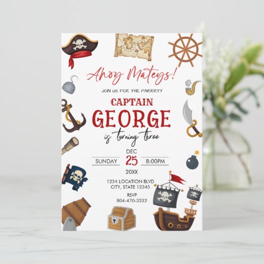Ahoy pirate Boy birthday party Einladung (Stehend Vorderseite)