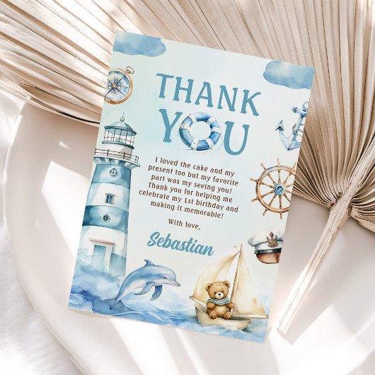 Ahoy Sailor Nautical Boat Blue 1. Geburtstag Dankeskarte
