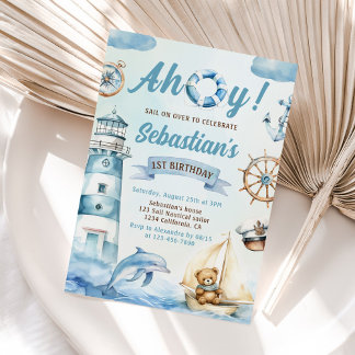 Ahoy Sailor Nautical Boat Blue 1. Geburtstag Einladung