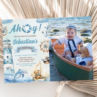 Ahoy Sailor Nautical Boat Blue 1. Geburtstag Foto Einladung