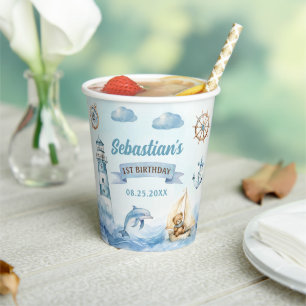 Ahoy Sailor Nautical Boat Blue 1. Geburtstag Pappbecher