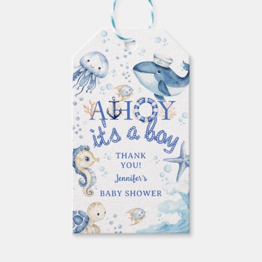 Ahoy Sailor Navy Blue Baby Dusche Geschenkanhänger (Vorderseite)