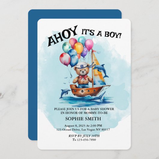 Ahoy Sailor sein a Boy Nautical Theme Kinderdusche Einladung (Vorne/Hinten)