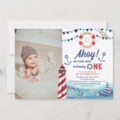 Ahoy Seemann Wasserboot blau Rot 1. Geburtstag Einladung (Vorderseite)