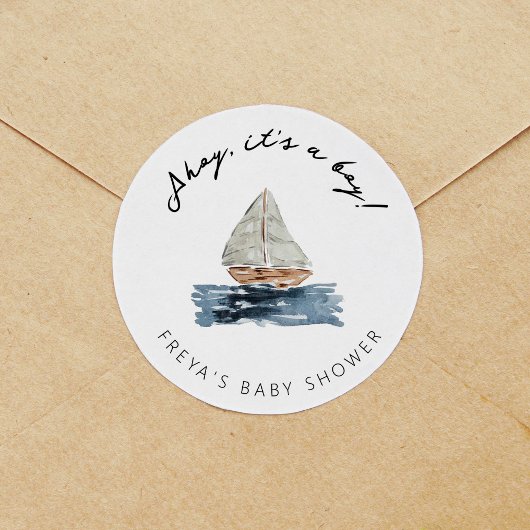 Ahoy sein a Boy Nautical Sailboat Babydusche Runder Aufkleber