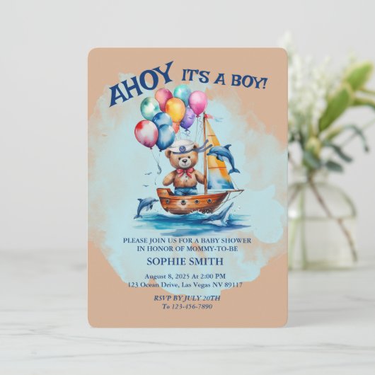 Ahoy sein a Boy Nautical Theme Kinderdusche Einladung (Stehend Vorderseite)