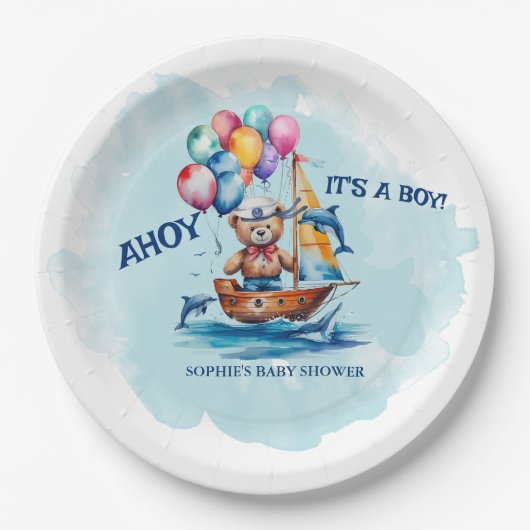 Ahoy sein a Boy Nautical Theme Kinderdusche Pappteller (Vorderseite)