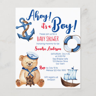 Ahoy sein Junge Teddy Bär Baby Dusche Budget Inviv