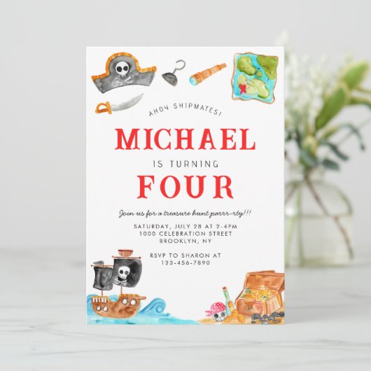 Ahoy Shipmates Treasure Hunt Ship Pirate Geburtsta Einladung (Stehend Vorderseite)