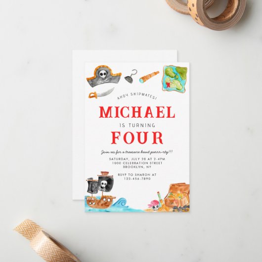 Ahoy Shipmates Treasure Hunt Ship Pirate Geburtsta Mitteilungskarte (Vorderseite/Rückseite Beispiel)