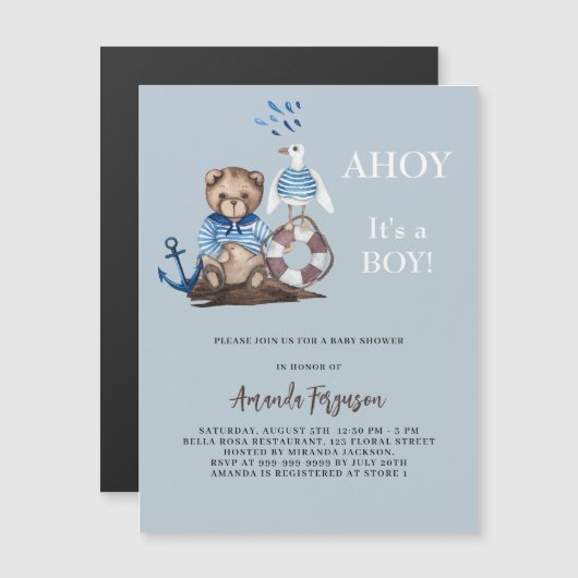 Ahoy Teddy Bärenjunge Segler LuxusBaby Dusche Magneteinladung (Vorne/Hinten)