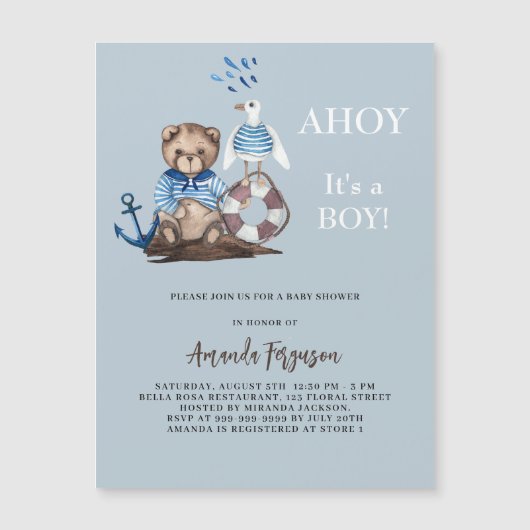 Ahoy Teddy Bärenjunge Segler LuxusBaby Dusche Magneteinladung (Vorderseite)