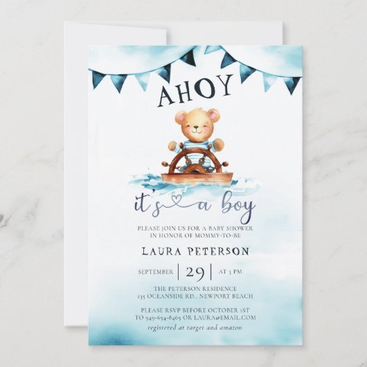 Ahoy Teddy Bear Waves Boot Helm Boy Baby Dusche Einladung (Vorderseite)