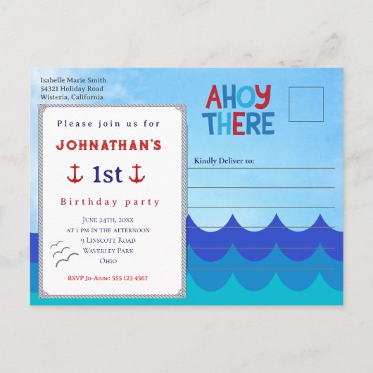 Ahoy There Nautical Theme 1st Birthday Party  Postkarte (Rückseite)