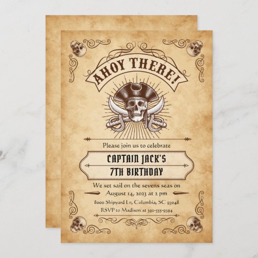 Ahoy There Pirate Birthday Einladung (Vorne/Hinten)
