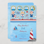 Ahoy There Red Blue White Sailors Lighthouse Boot Einladung (Vorne/Hinten)