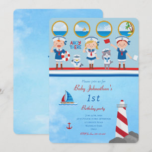 Ahoy There Red Blue White Sailors Lighthouse Boot Einladung