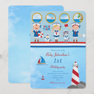 Ahoy There Red Blue White Sailors Lighthouse Boot Einladung