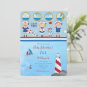 Ahoy There Red Blue White Sailors Lighthouse Boot Einladung (Stehend Vorderseite)