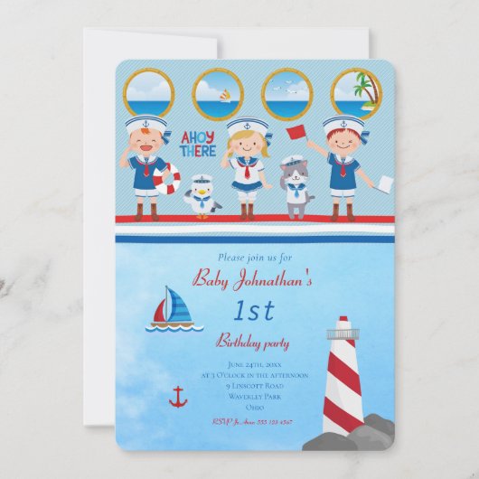 Ahoy There Red Blue White Sailors Lighthouse Boot Einladung (Vorderseite)