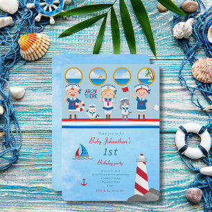 Ahoy There Red Blue White Sailors Lighthouse Boot Einladung