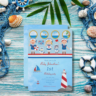 Ahoy There Red Blue White Sailors Lighthouse Boot Einladung