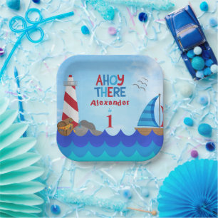 "Ahoy There" Zitat Leuchtturm Segelboot Schatz Pappteller