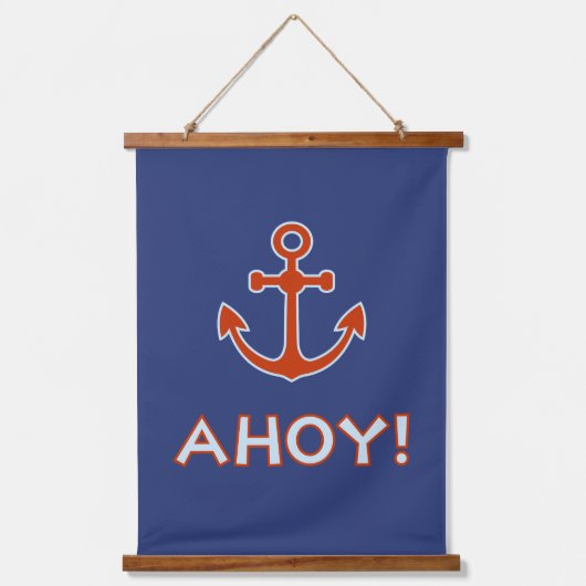 AHOY! Typ und Ankerdesign rot und blau Wandteppich Mit Holzrahmen (Vorderseite)
