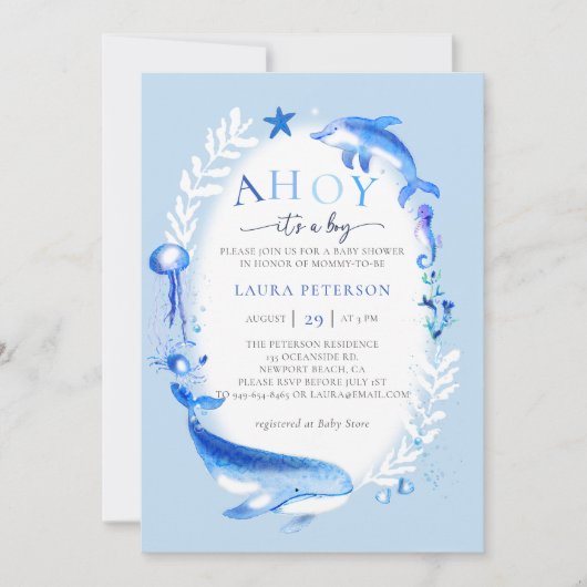 Ahoy under Sea Animals Kinderdusche für Kosmetikki Einladung (Vorderseite)