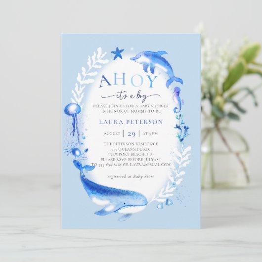 Ahoy under Sea Animals Kinderdusche für Kosmetikki Einladung (Stehend Vorderseite)