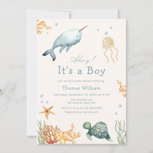 Ahoy Under Sea Whale Boy Baby Shower Einladung (Vorderseite)