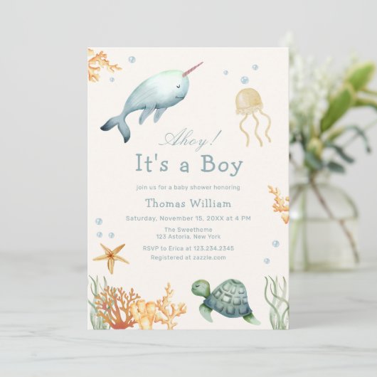 Ahoy Under Sea Whale Boy Baby Shower Einladung (Stehend Vorderseite)