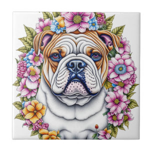 Ai Art Bulldog umgeben von Whimsikischen Blume Fliese