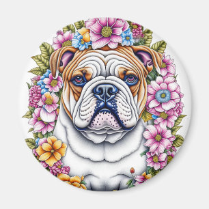 Ai Art Bulldog umgeben von Whimsikischen Blume Magnet