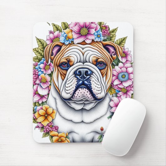 Ai Art Bulldog umgeben von Whimsikischen Blume Mousepad (Mit Mouse)