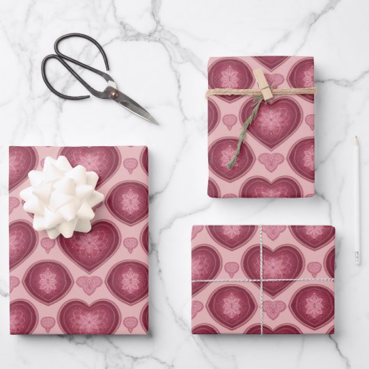 AI Art Burgundy Hearts Pink Wrapping Paper Geschenkpapier Set (Vorderseite)