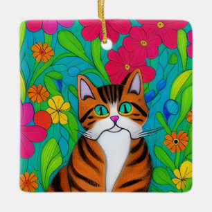 Ai Art Cat mit whimsikischen Blume Weihnachten Keramikornament